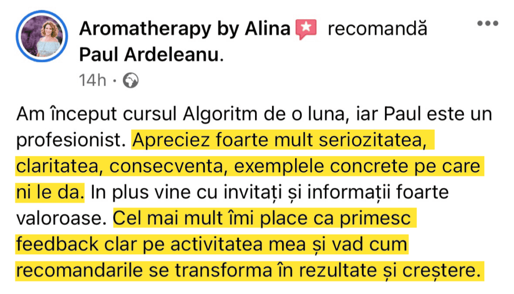 Curs Social media Algoritm - testimonial Alina Secu